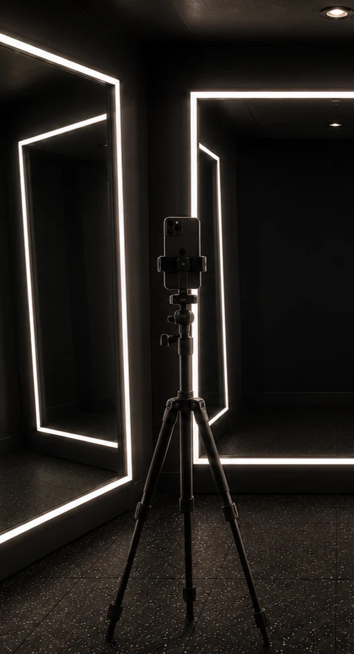 Téléphone sur trépied devant miroir pour photos de progression